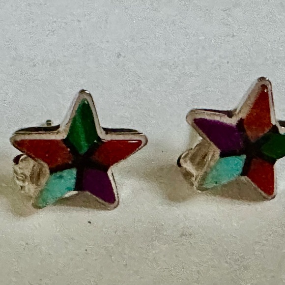 Native American QT multi stone sterling silver stud earrings stars and moons - Picture 9 of 9